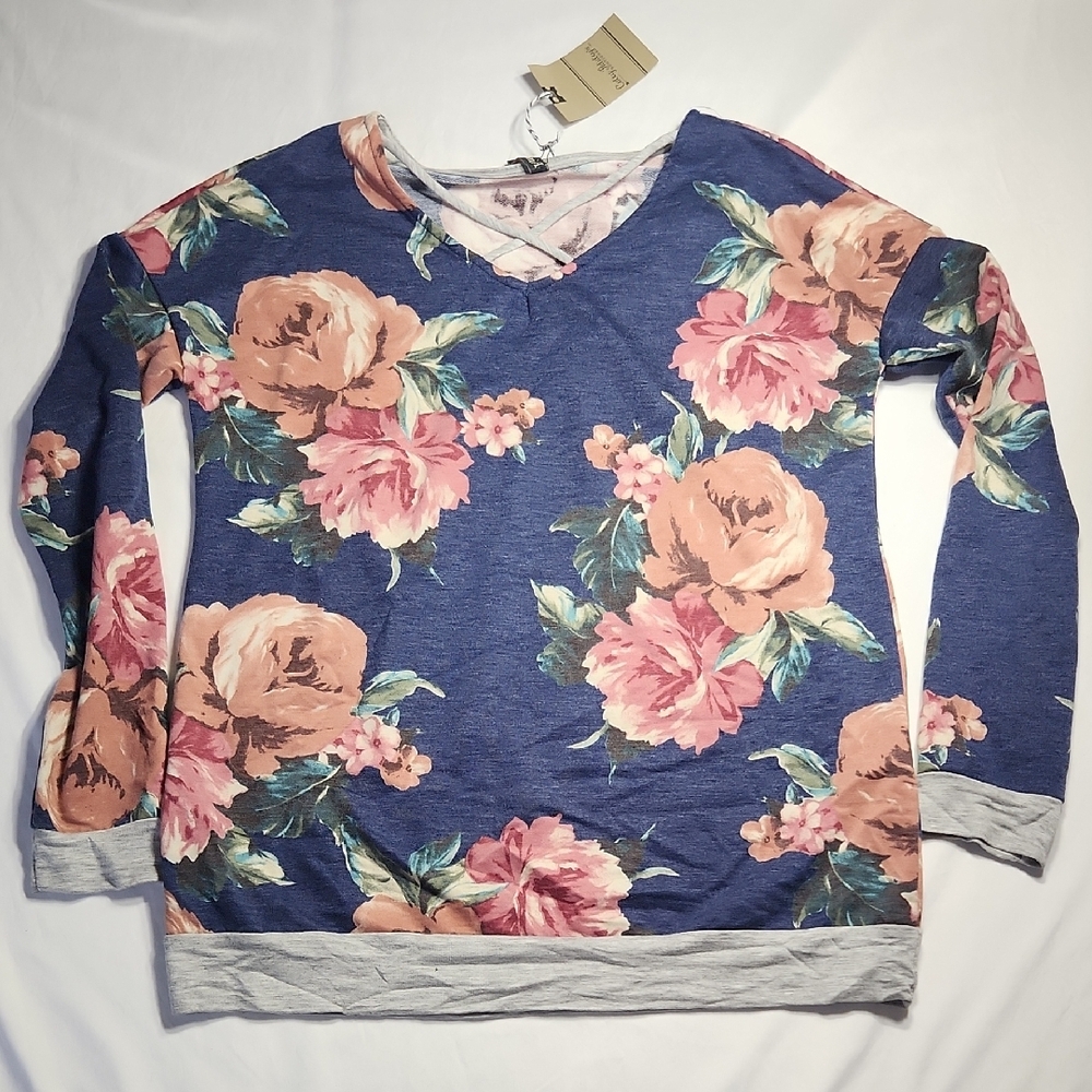 Pomelo Teen Girls Medium Floral Sweatshirt Long Sleeve Top Blue Pink NWT